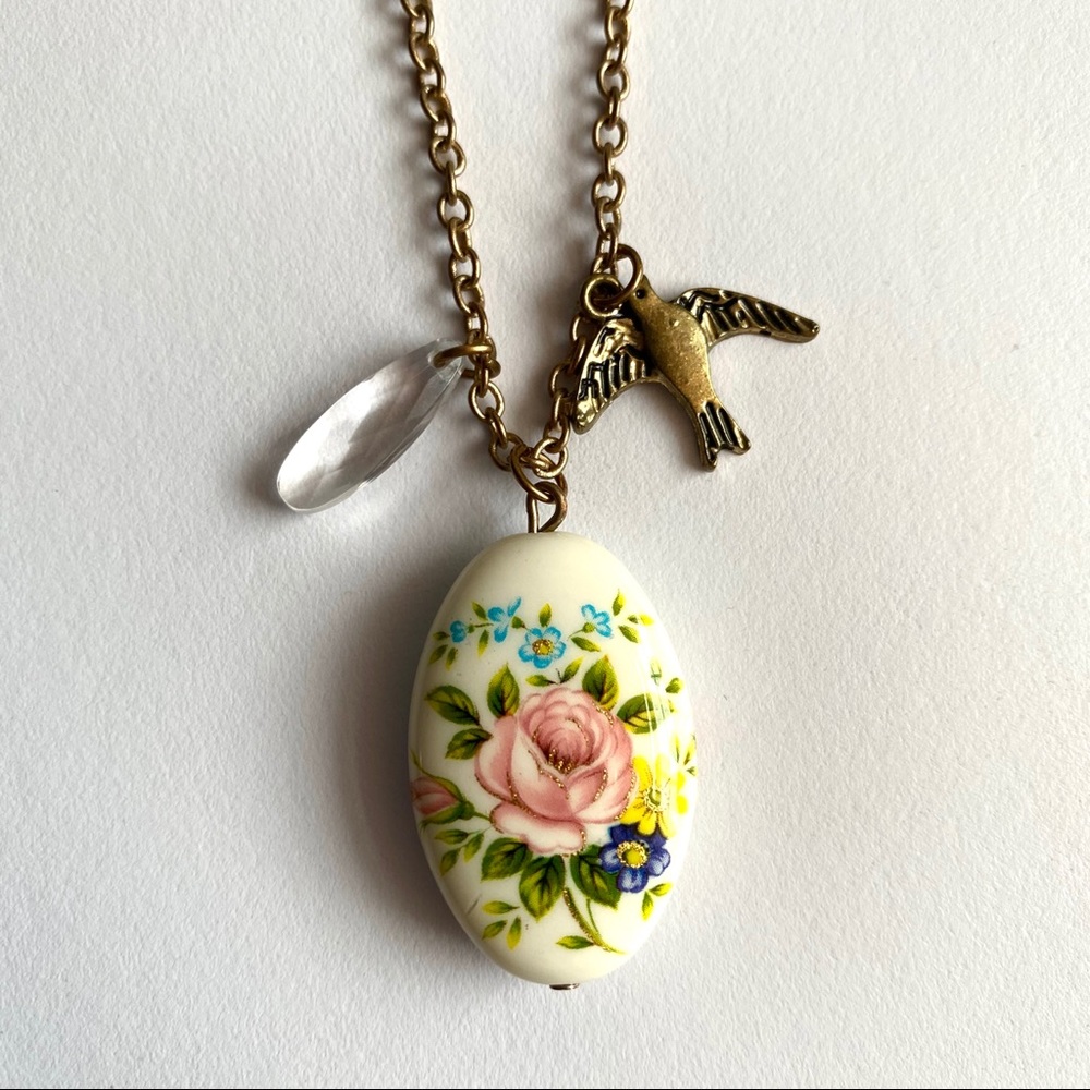 Floral Pendant Necklace, Crystal, Bird & Gold Tone